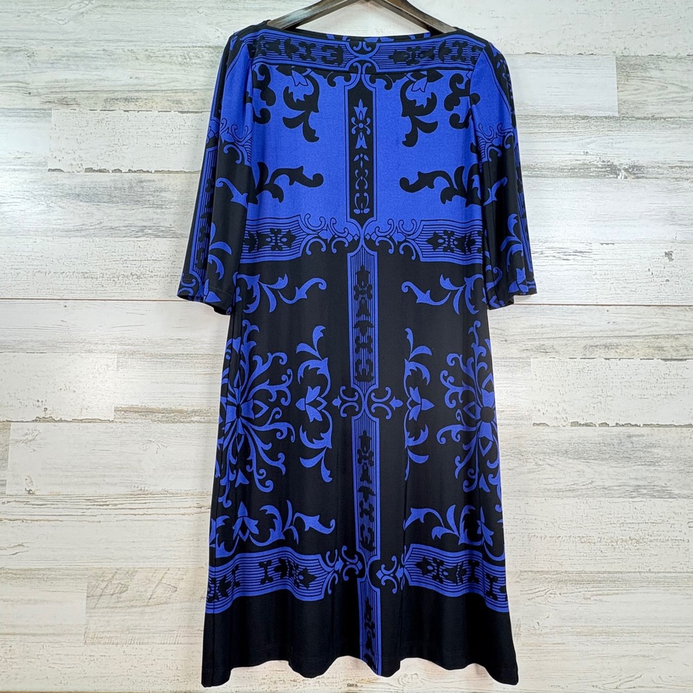 Donna Morgan Womens Blue Black Damask Scroll Print Boat Neck Sheath Dress Size M